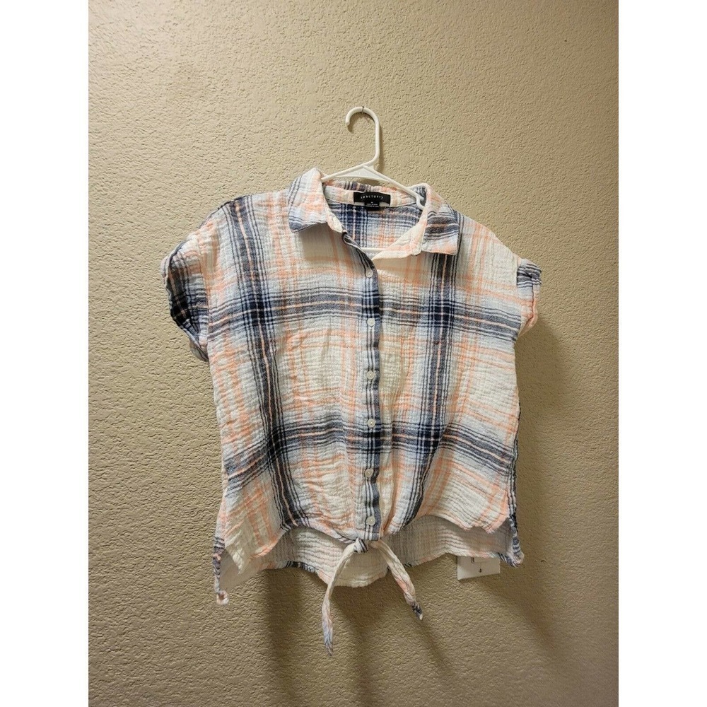 Sanctuary Women's Plaid Shirt Tie Front Button Up Collar White Pink Blue Sz Med